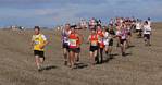 Stewart and Adam near the front, crossing the first fields